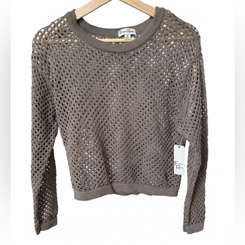 Faded Rose Brown Open Knit Mesh Long Sleeve Crop Sweater - Size M Romantic Cute